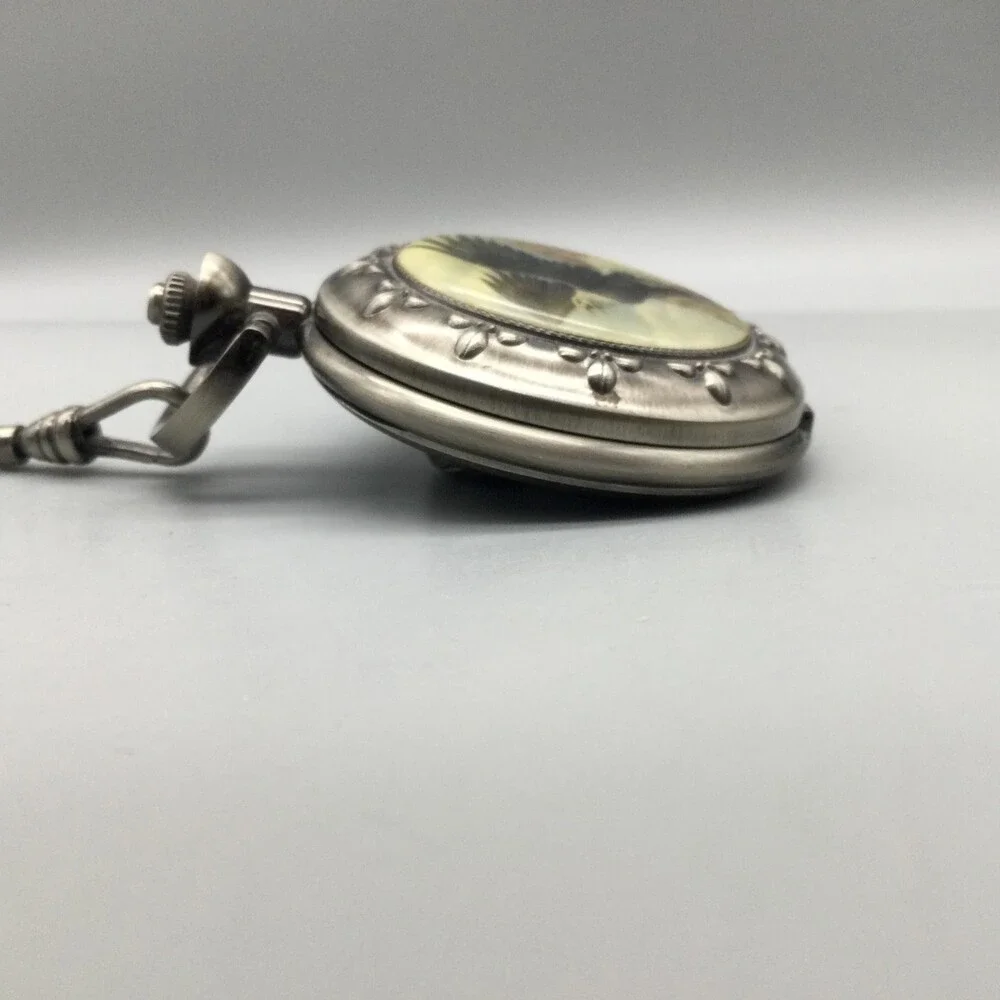 Majesti Bald Eagle Pocket Watch Men 51mm Silver Tone Full Hunter New Battery